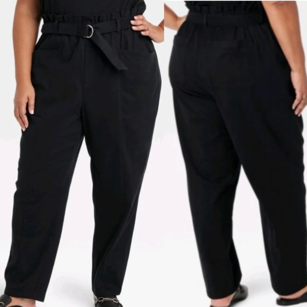 NWT Ava & Viv High Waist Belted Paper Bag Pant In Black Size Woman's 3X